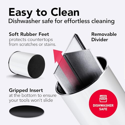 Cooler Kitchen White Rotating Extra Large Stainless Steel Utensil Holder Caddy with Sturdy No-Tip Weighted Base, Removable Divider, and Gripped Insert - Dishwasher Safe Metal Cooking Utensil Holder - Image 3