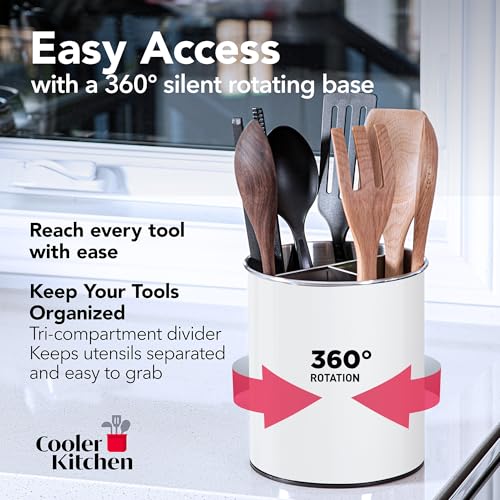 Cooler Kitchen White Rotating Extra Large Stainless Steel Utensil Holder Caddy with Sturdy No-Tip Weighted Base, Removable Divider, and Gripped Insert - Dishwasher Safe Metal Cooking Utensil Holder - Image 2