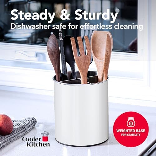 Cooler Kitchen White Rotating Extra Large Stainless Steel Utensil Holder Caddy with Sturdy No-Tip Weighted Base, Removable Divider, and Gripped Insert - Dishwasher Safe Metal Cooking Utensil Holder - Image 4