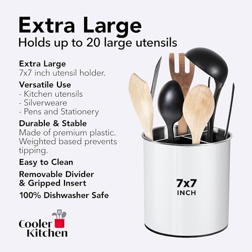 Cooler Kitchen White Rotating Extra Large Stainless Steel Utensil Holder Caddy with Sturdy No-Tip Weighted Base, Removable Divider, and Gripped Insert - Dishwasher Safe Metal Cooking Utensil Holder - Image 5