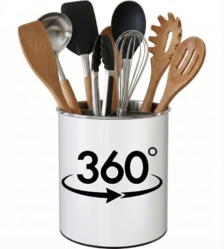 Cooler Kitchen White Rotating Extra Large Stainless Steel Utensil Holder Caddy with Sturdy No-Tip Weighted Base, Removable Divider, and Gripped Insert - Dishwasher Safe Metal Cooking Utensil Holder - Image 1