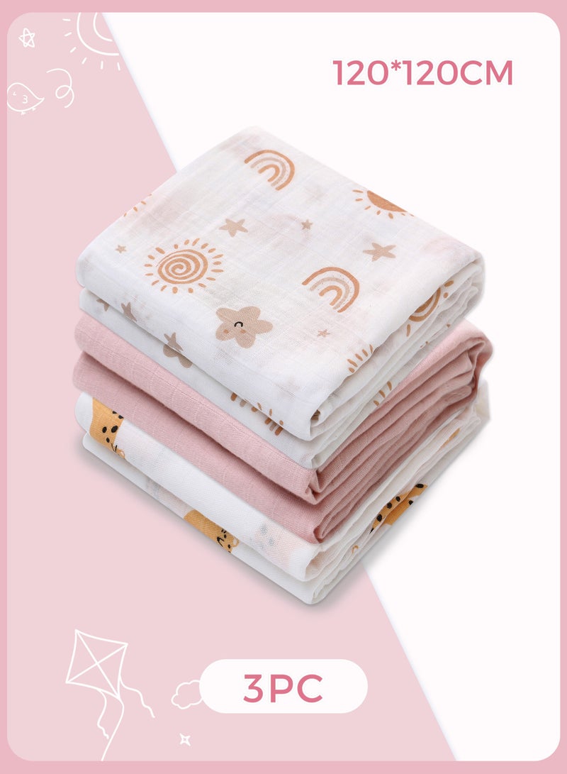 Miracle Baby 3 PCS Set Bamboo Cotton Baby Swaddle Blanket Newborn Blanket wrap Soft Baby Burp Cloth Breathable Baby Blankets for Girls and Boys 120x120cm - Image 1