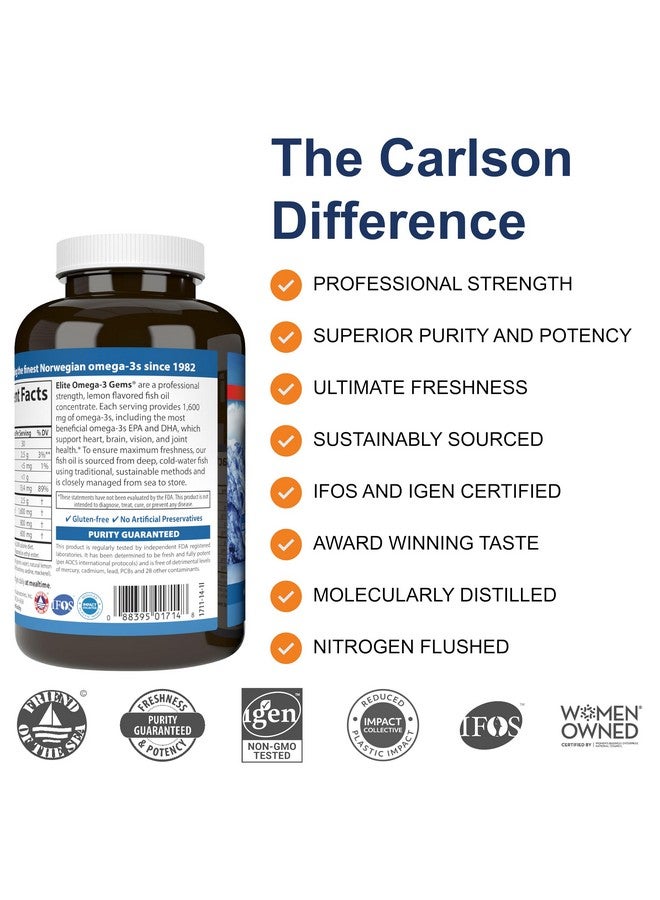 Carlson Labs Elite Omega-3, 1600 mg, Gems Fish Oil Soft Gels, Natural Lemon Flavor, 2 Pack (120 Count Each) - Image 2