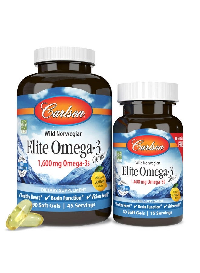 Carlson Labs Elite Omega-3, 1600 mg, Gems Fish Oil Soft Gels, Natural Lemon Flavor, 2 Pack (120 Count Each) - Image 1