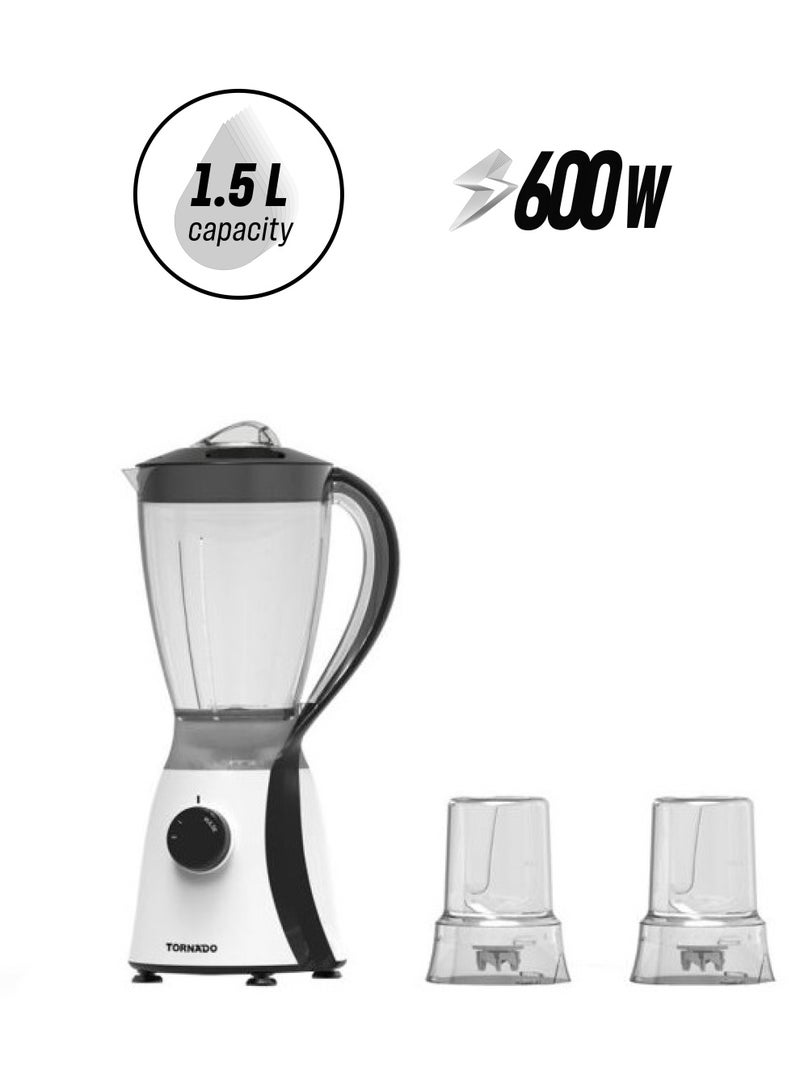 TORNADO Blender with Grinder Mills, 600W Power,1.5L with 300ml 2 Grinding Mills, Stainless Steel Blades and Two Pulse Control for Fine and Grinding of Coffee & Herbs & Spices 1.5 L 600 W TB-600/2 Black - Image 1