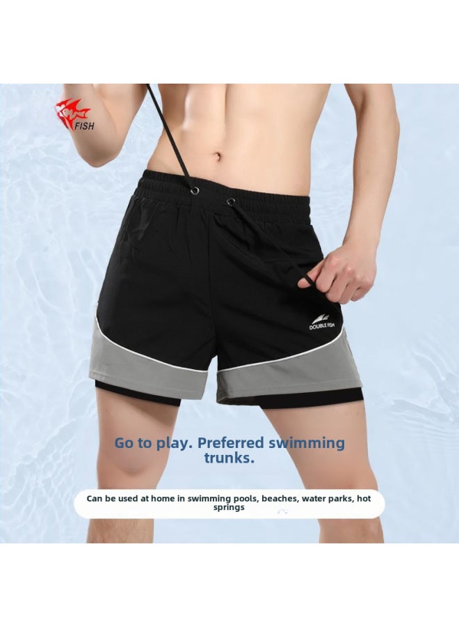 Loquat Pisces Swimming Trunks Men's Double-layer Anti-embarrassment Beach Swimming Trunks Swimming Cap Swimming Goggles Three-piece Swimming Swimsuit Equipment-Color:YA08 Black Splice Swimming Cap Swimming - Image 3