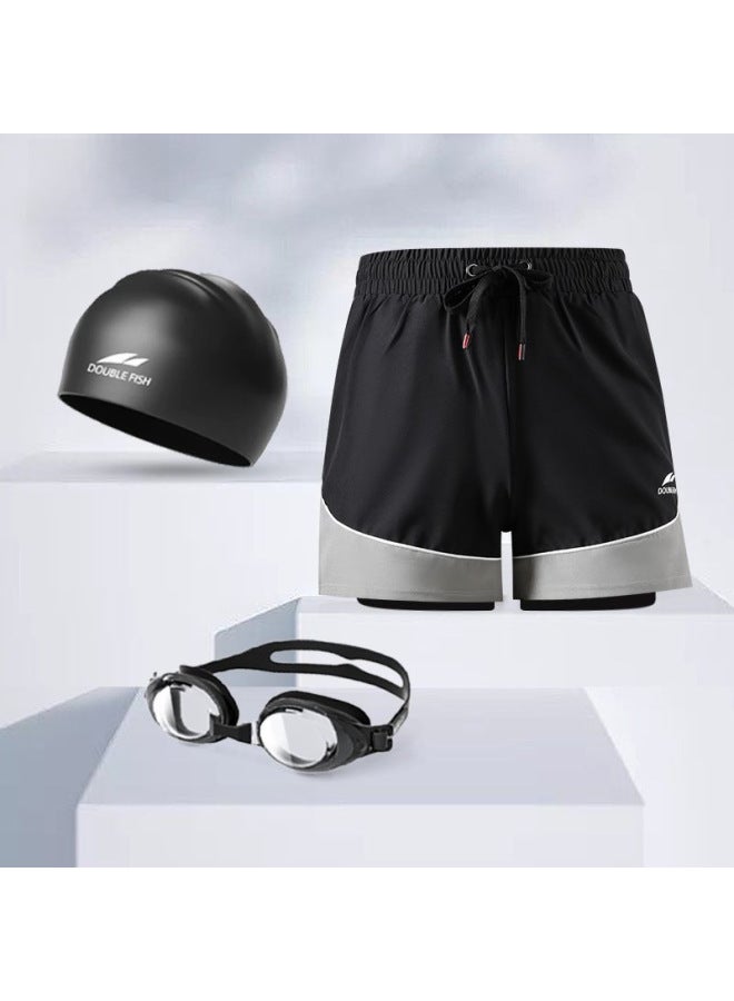 Loquat Pisces Swimming Trunks Men's Double-layer Anti-embarrassment Beach Swimming Trunks Swimming Cap Swimming Goggles Three-piece Swimming Swimsuit Equipment-Color:YA08 Black Splice Swimming Cap Swimming - Image 1
