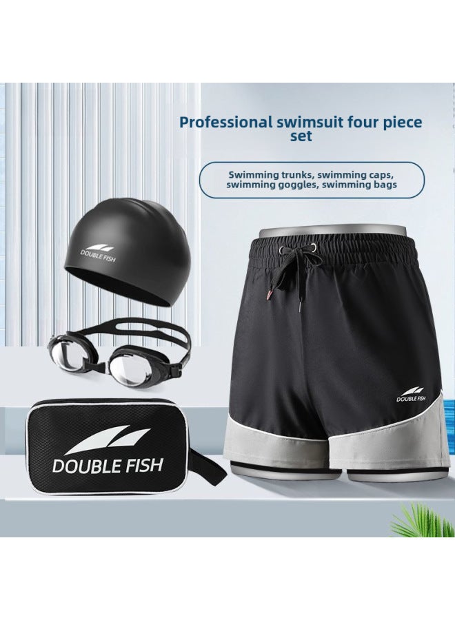 Loquat Pisces Swimming Trunks Men's Double-layer Anti-embarrassment Beach Swimming Trunks Swimming Cap Swimming Goggles Three-piece Swimming Swimsuit Equipment-Color:YA08 Black Splice Swimming Cap Swimming - Image 2
