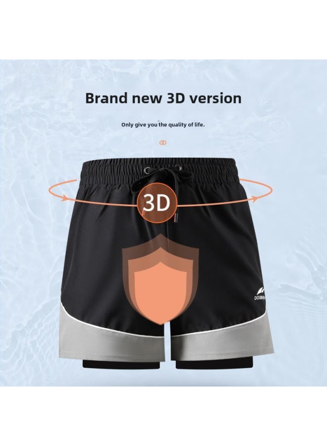 Loquat Pisces Swimming Trunks Men's Double-layer Anti-embarrassment Beach Swimming Trunks Swimming Cap Swimming Goggles Three-piece Swimming Swimsuit Equipment-Color:YA08 Black Splice Swimming Cap Swimming - Image 5