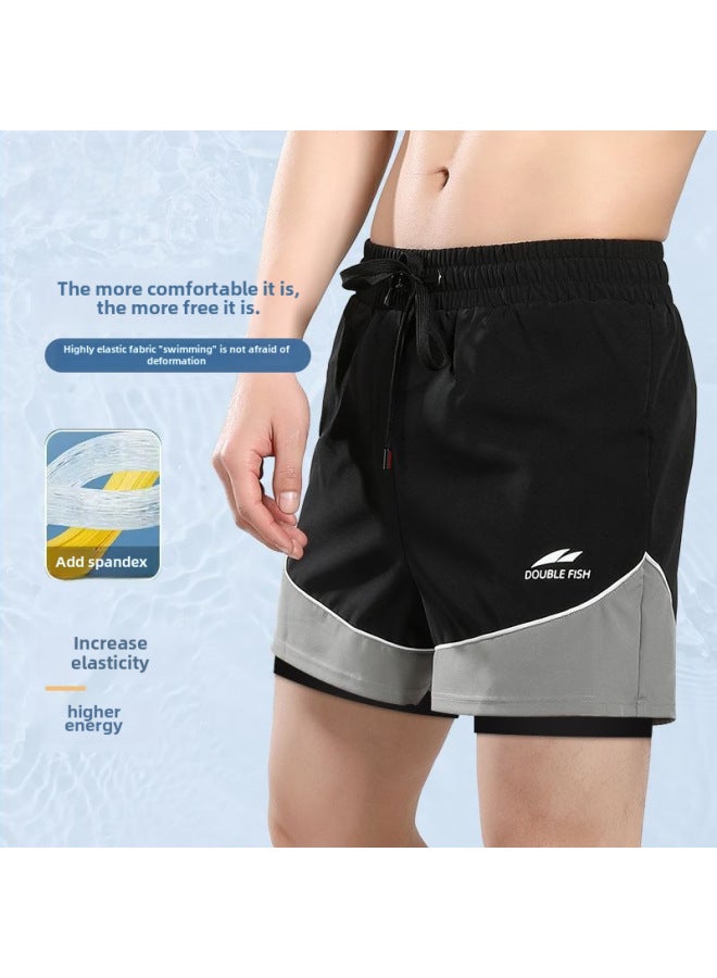 Loquat Pisces Swimming Trunks Men's Double-layer Anti-embarrassment Beach Swimming Trunks Swimming Cap Swimming Goggles Three-piece Swimming Swimsuit Equipment-Color:YA08 Black Splice Swimming Cap Swimming - Image 4