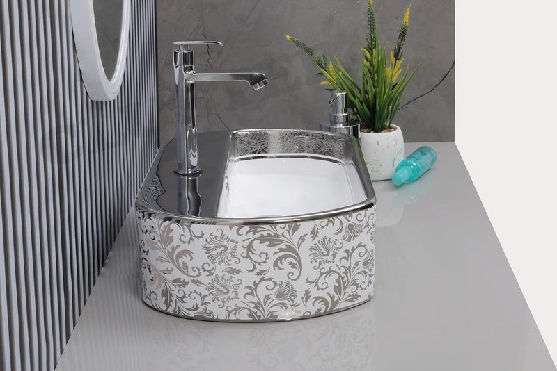 Cluster حوض غسيل مصمم CLUSTER لطاولة الحمام من السيراميك، حوض حمام فوق الطاولة للفنادق والمطاعم، أبيض لامع وفضي - Image 2