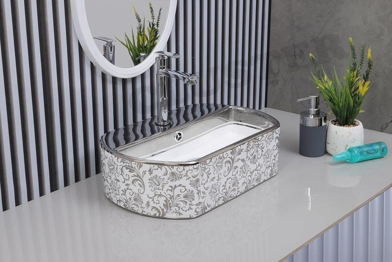 Cluster حوض غسيل مصمم CLUSTER لطاولة الحمام من السيراميك، حوض حمام فوق الطاولة للفنادق والمطاعم، أبيض لامع وفضي - Image 1