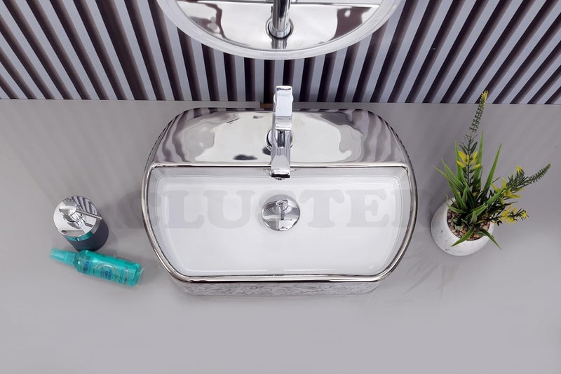 Cluster حوض غسيل مصمم CLUSTER لطاولة الحمام من السيراميك، حوض حمام فوق الطاولة للفنادق والمطاعم، أبيض لامع وفضي - Image 4