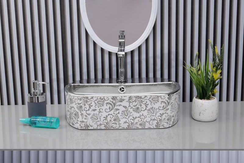 Cluster حوض غسيل مصمم CLUSTER لطاولة الحمام من السيراميك، حوض حمام فوق الطاولة للفنادق والمطاعم، أبيض لامع وفضي - Image 3