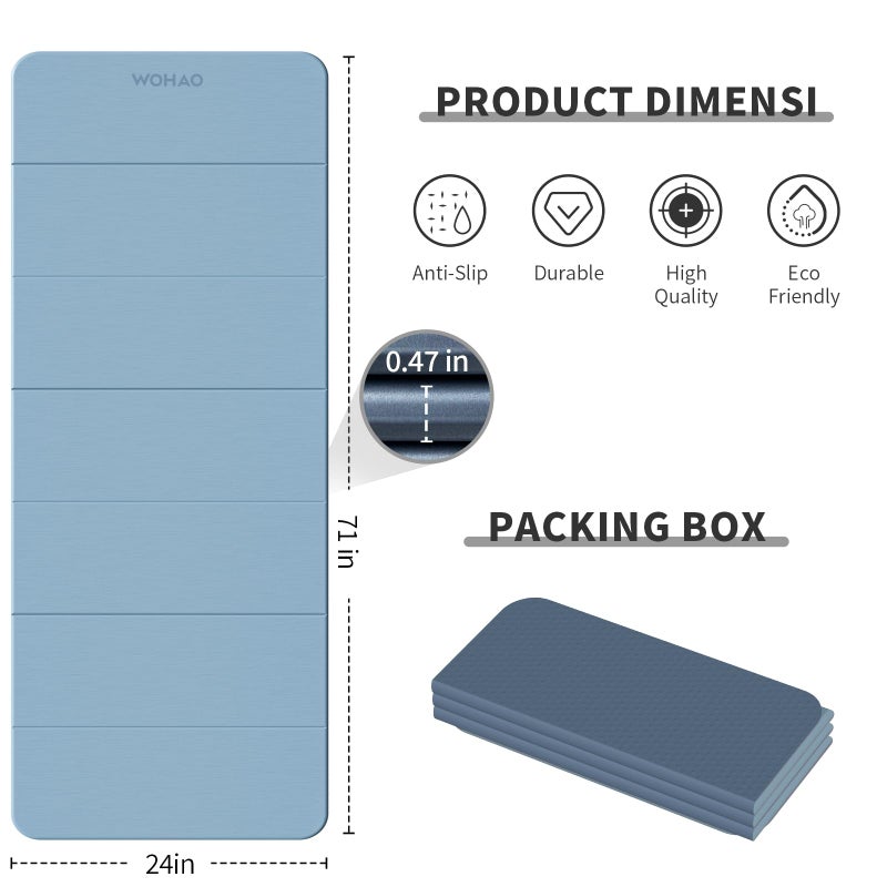 WOHAO 7-Fold Yoga Mat 70"x24" - 1/2 Inch Thick Folding Exercise Mat, Compact Non-Slip TPE Mat for Travel, Storage, Yoga & Home Gym, Lightweight & Portable (Blue-gray+Navy blue) - Image 3