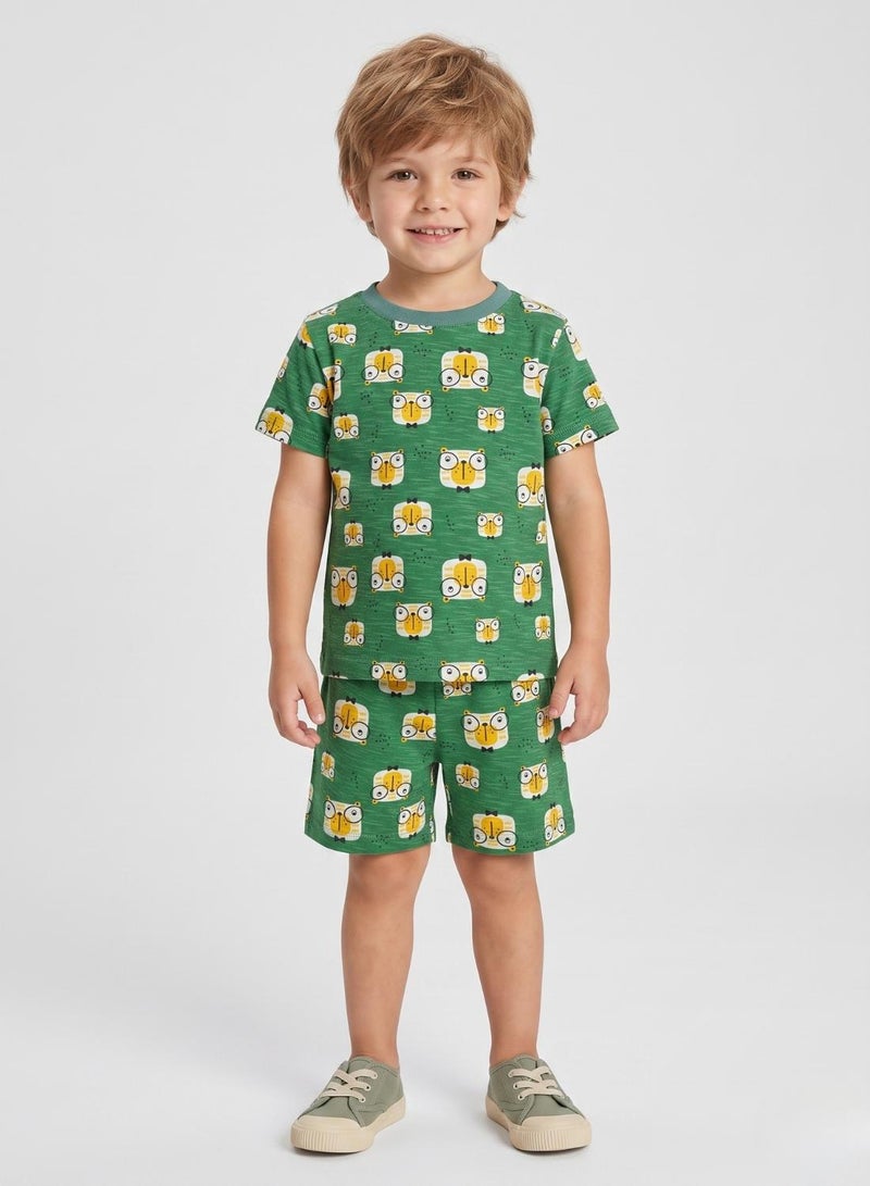 babyqlo Boys Green Owl Print Shorts Set - Image 1