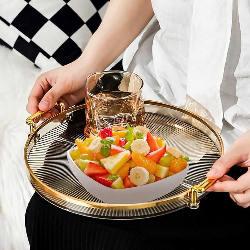 VPGS Round Tray with Gold Handle, Elegant Multi Functional Golden Rim Serving Tray for Party, Coffee Table, Display, Decorative Plastic Serving Tray for Living Room, Bathroom, Kitchen - Image 1