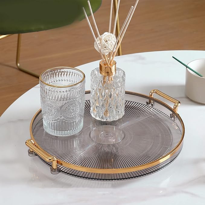 VPGS Round Tray with Gold Handle, Elegant Multi Functional Golden Rim Serving Tray for Party, Coffee Table, Display, Decorative Plastic Serving Tray for Living Room, Bathroom, Kitchen - Image 3