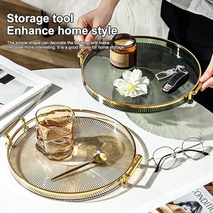 VPGS Round Tray with Gold Handle, Elegant Multi Functional Golden Rim Serving Tray for Party, Coffee Table, Display, Decorative Plastic Serving Tray for Living Room, Bathroom, Kitchen - Image 4