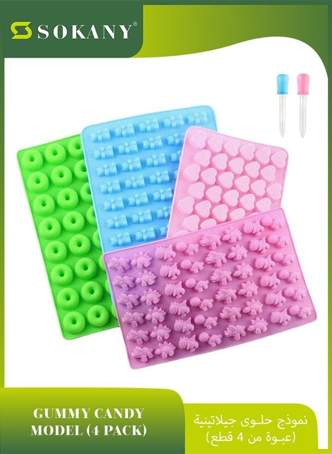 4 Pack Silicone Gummy Bear Candy Molds , Including Bear Shape and Mini Donut, Non-stick Silicone Candy Molds with 2 Droppers for Jelly, Candy, Chocolate (Multicolour)