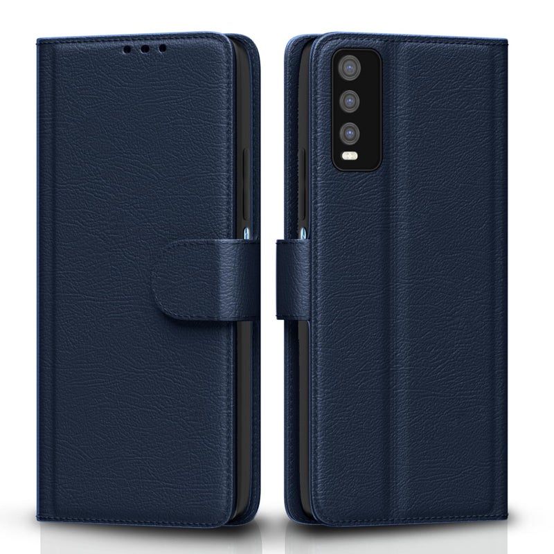 Pikkme غطاء فليب جلد Pikkme لـ Vivo Y12s / Y20 / Y20i / Y20G | داخل TPU مع جيوب بطاقات | حامل محفظة ومضاد للصدمات | إغلاق مغناطيسي | حماية كاملة غطاء فليب (أزرق) - Image 1
