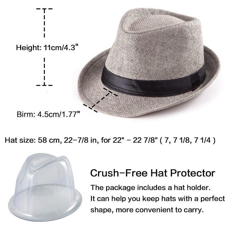 LADYBRO Summer Grey Straw Trilby Fedora Hat for Men 1920s Short Brim Panama Cap 7 1/4 - Image 3
