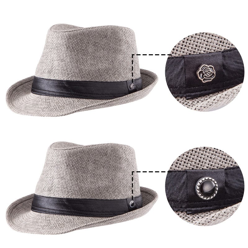 LADYBRO Summer Grey Straw Trilby Fedora Hat for Men 1920s Short Brim Panama Cap 7 1/4 - Image 4