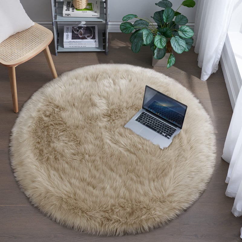 Tangsoo Modern Beige 3 Round Faux Fur Area Rug High Pile Fluffy Non Slip Washable Machine Made Indoor Bedroom Living Room Nursery Room Study Room