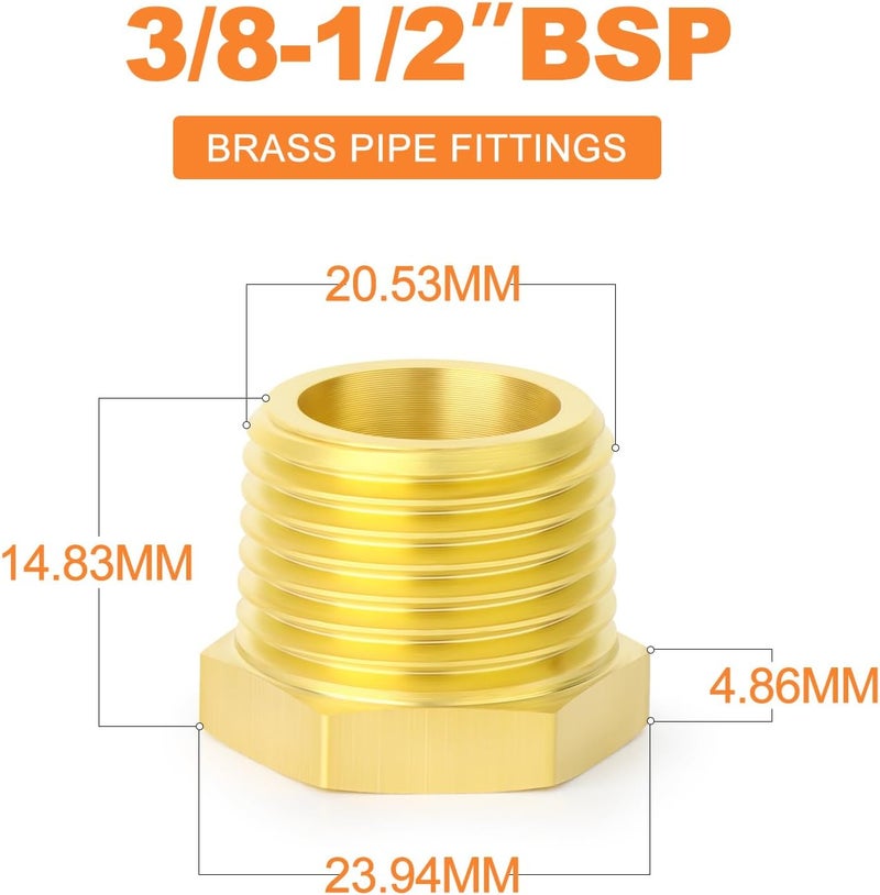 غاشر 5 قطع من محول نحاسي سداسي مخفض 3/8" ذكر BSP × 1/2" أنثى BSP، تركيبات أنابيب نحاسية ملولبة - Image 2