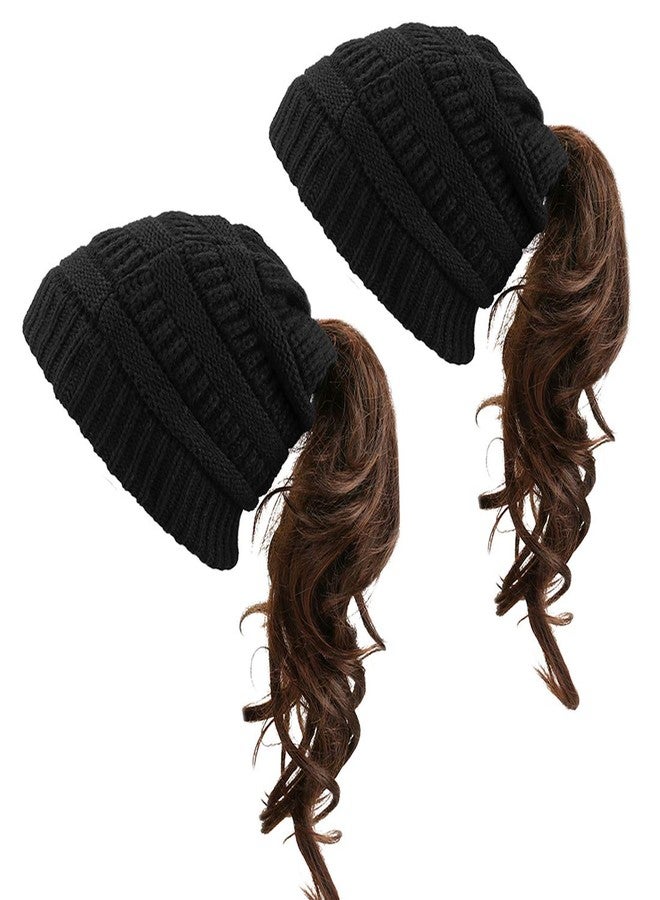 KRATARC Winter Warm Knit Ponytail Hat Beanie Tail Cap for Runner Women Youth Girl (Black- 2PCS) - Image 1