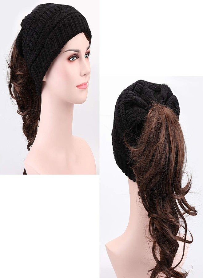KRATARC Winter Warm Knit Ponytail Hat Beanie Tail Cap for Runner Women Youth Girl (Black- 2PCS) - Image 2