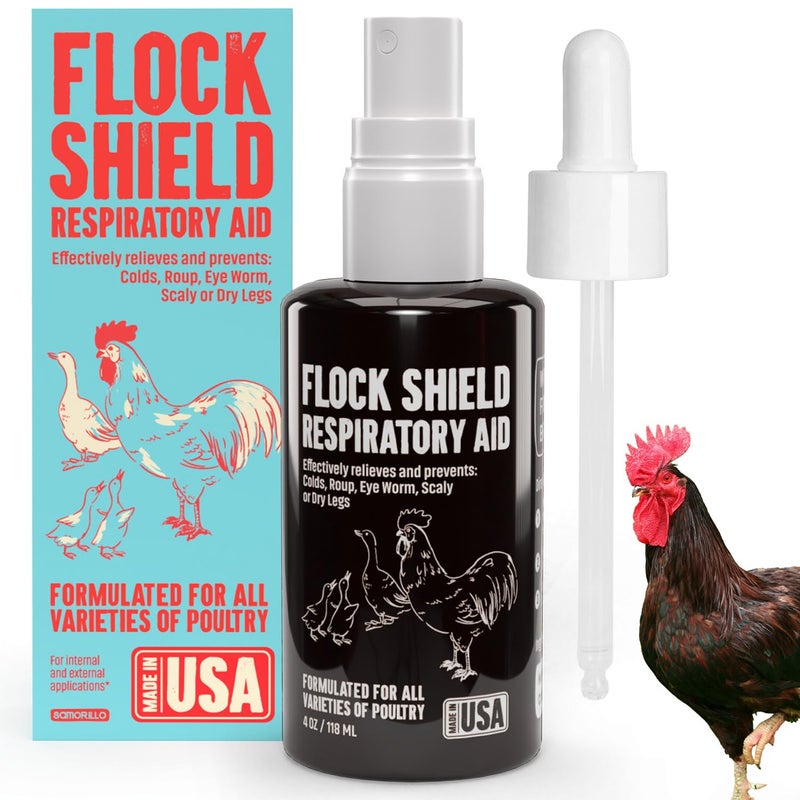 Samorillo Flock Shield Respiratory Aid for Poultry - [Made in USA] - 4oz Chicken Supplement, Rooster Booster for Respiratory System - Dropper, Spray Top Included - Safe for All Birds - Drinking Water Additive - Image 1