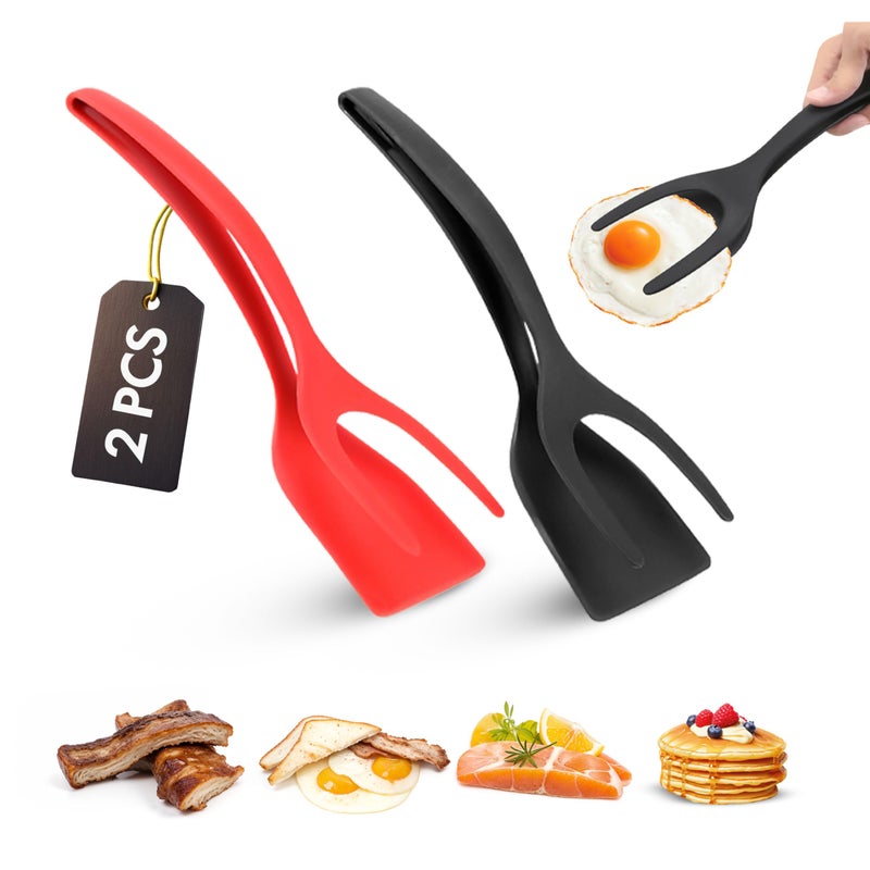 ZONZEST Egg Flipper Spatula Tongs Set of 2  NonStick 2in1 Grip  Flip Kitchen Tongs for Pancakes Fish Eggs and More  Heat Resistant Cooking Tool Black  Red