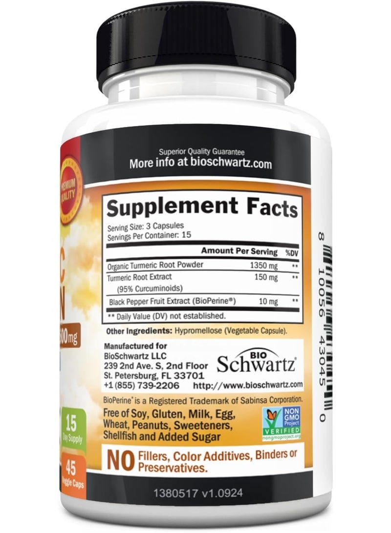 BioSchwartz Turmeric Curcumin with Black Pepper Extract 1500mg - High Absorption Ultra Potent Turmeric Supplement with 95% Curcuminoids and BioPerine - Non GMO Tumeric Capsules for Joint Support - 45 Capsules - Image 2