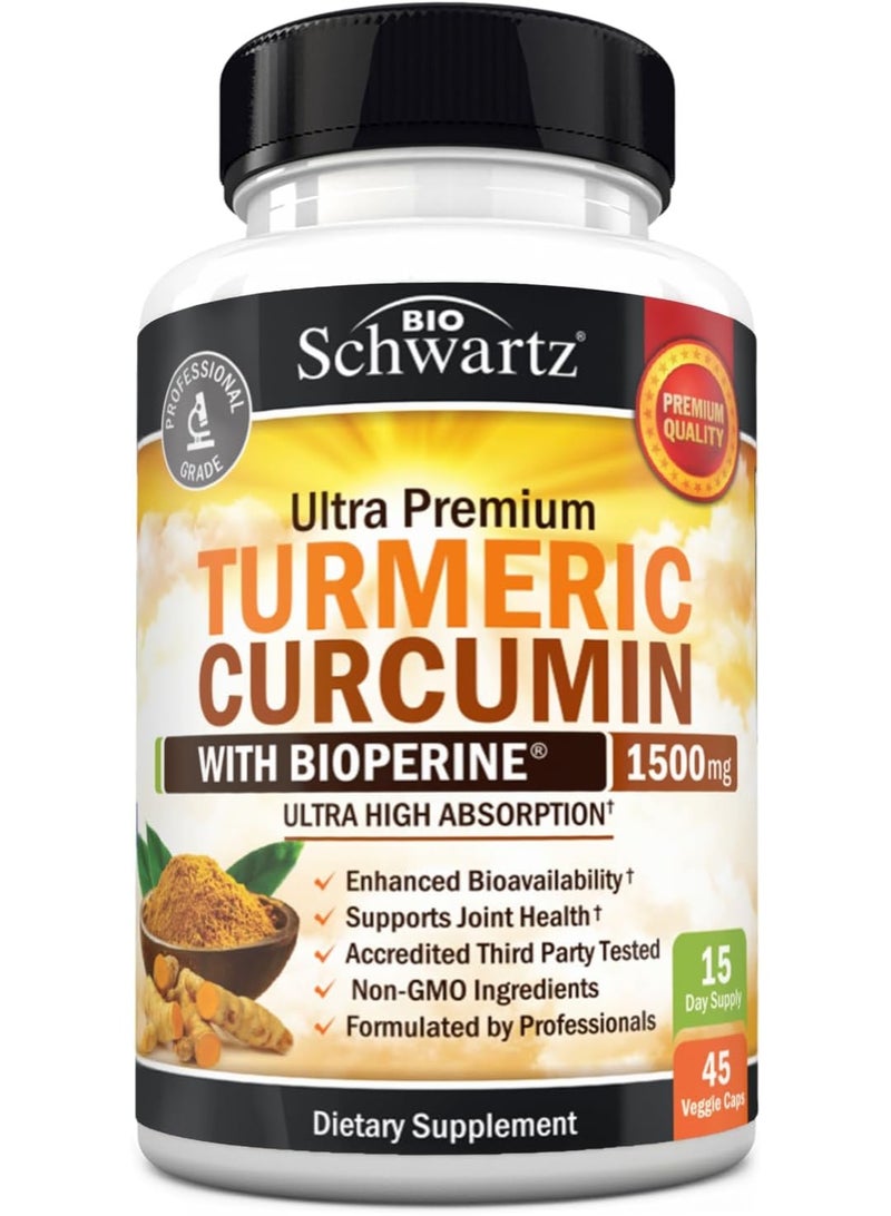 BioSchwartz Turmeric Curcumin with Black Pepper Extract 1500mg - High Absorption Ultra Potent Turmeric Supplement with 95% Curcuminoids and BioPerine - Non GMO Tumeric Capsules for Joint Support - 45 Capsules - Image 1