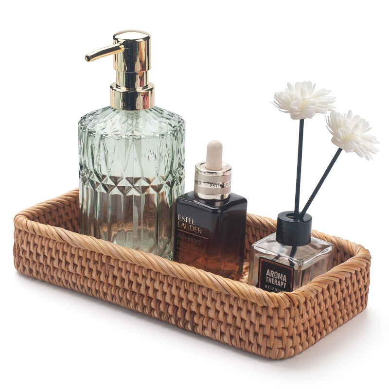 DECRAFTS Rattan Bathroom Vanity Trays Toilet Tank Baskets Long Narrow Hand Towel Storage Basket for Storage, Decorative (Natural 10.2 x 4.9 x 1.6 inch) - Image 1