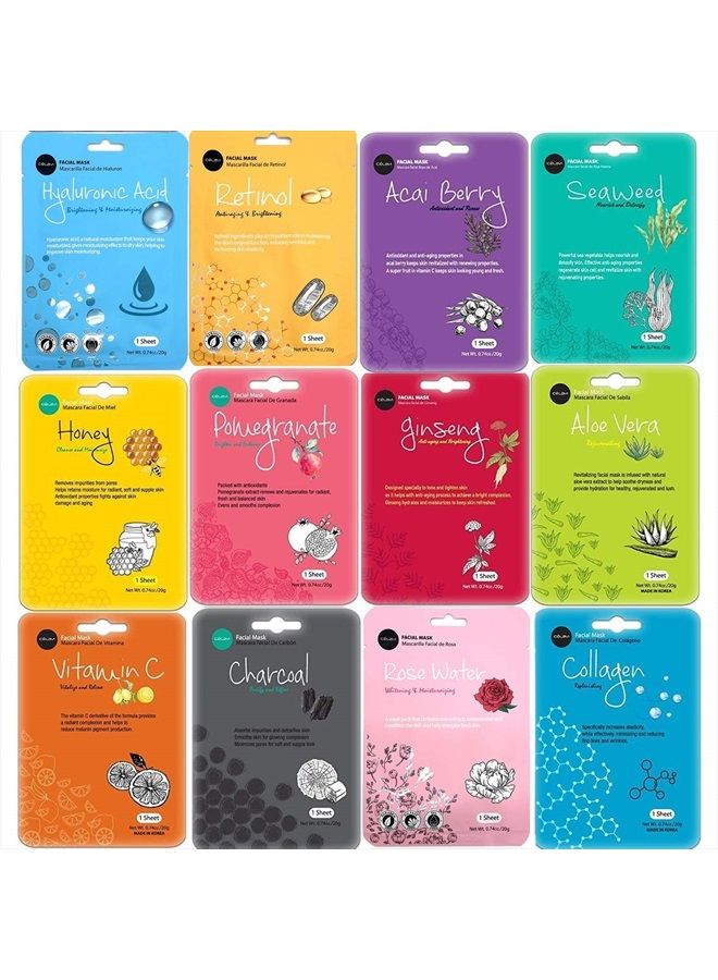 Celavi Cosmetics celavi Face Mask Set Korean Beauty Essence Facial Paper Sheet Mask Korea Skin Care Moisturizing 12 New flavors K-Beauty Skincare 12 masks in a pack Made in Korea - Image 1