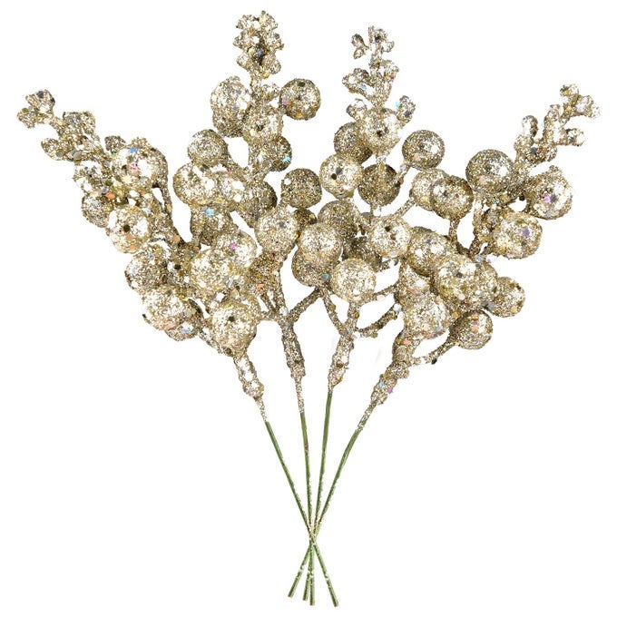 14 PACK CHRISTMAS GLITTER BERRIES STEMS 77 INCH CHAMPAGNE ARTIFICIAL CHRISTMAS PICKS FOR CHRISTMAS TREE ORNAMENTS DIY XMAS WREATH CRAFTS HOLIDAY AND HOME DECOR