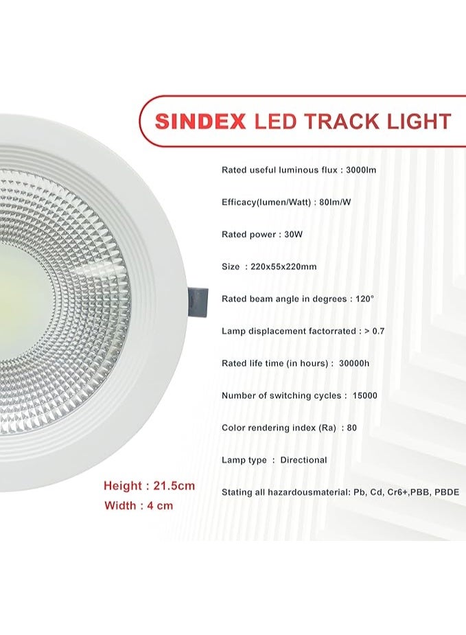 LED COB Downlight | 30W | WH | MAX Energy Saving power - 220x55mm Size, Recessed Ceiling Light Fixture – Energy Efficient, Sindex | Pure white - Image 2