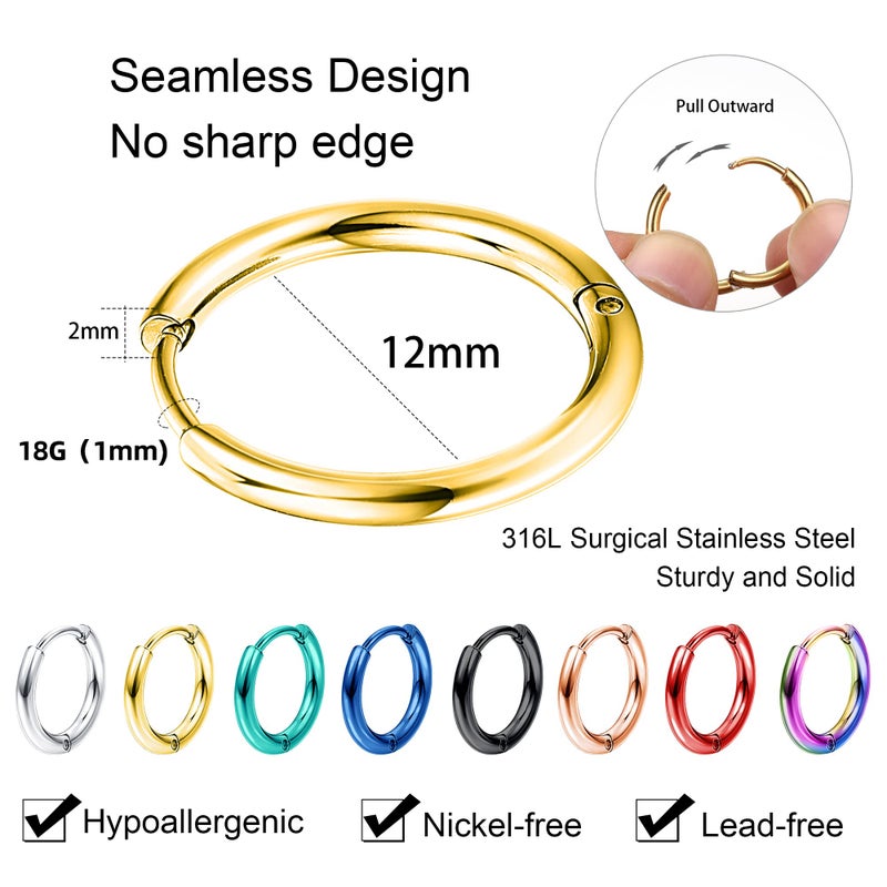 Jstyle 8 Pairs 316L Surgical Stainless Steel Small Hoop Earrings for Men Women, Multicolor, Hypoallergenic, 18G, 12mm - Image 2