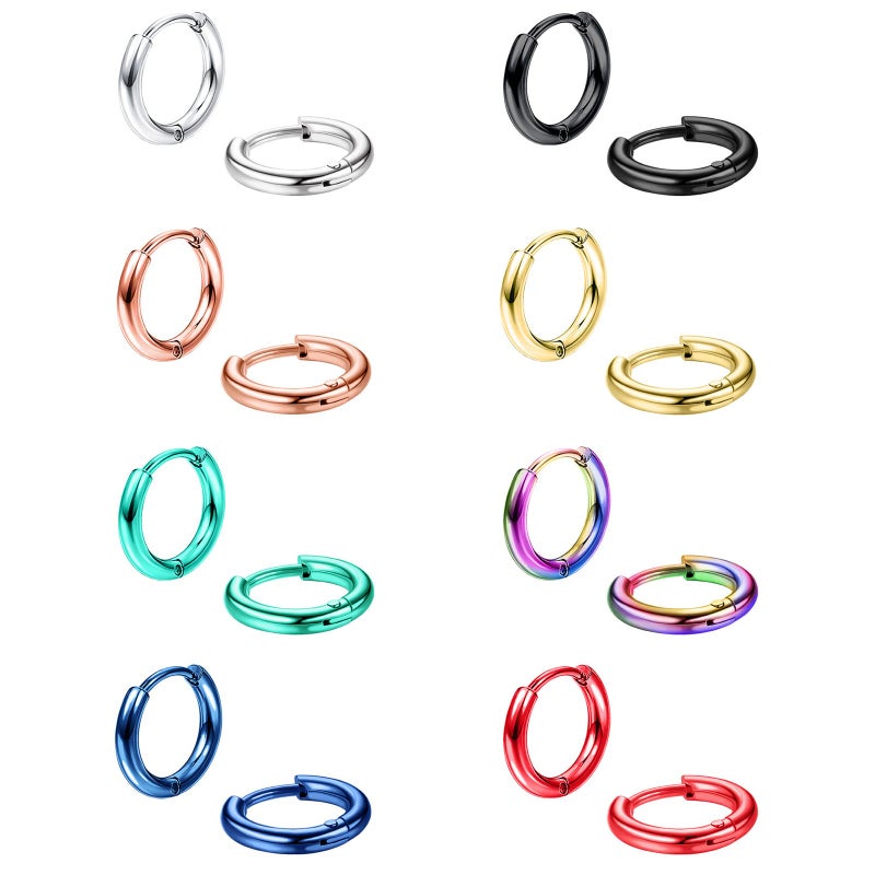 Jstyle 8 Pairs 316L Surgical Stainless Steel Small Hoop Earrings for Men Women, Multicolor, Hypoallergenic, 18G, 12mm - Image 1