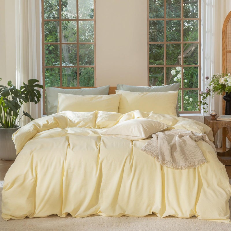 MooMee Bedding Duvet Cover Set 100 Washed Cotton Linen Like Textured Breathable Durable Soft Comfy Heathered Butter Yellow Queen 90x90