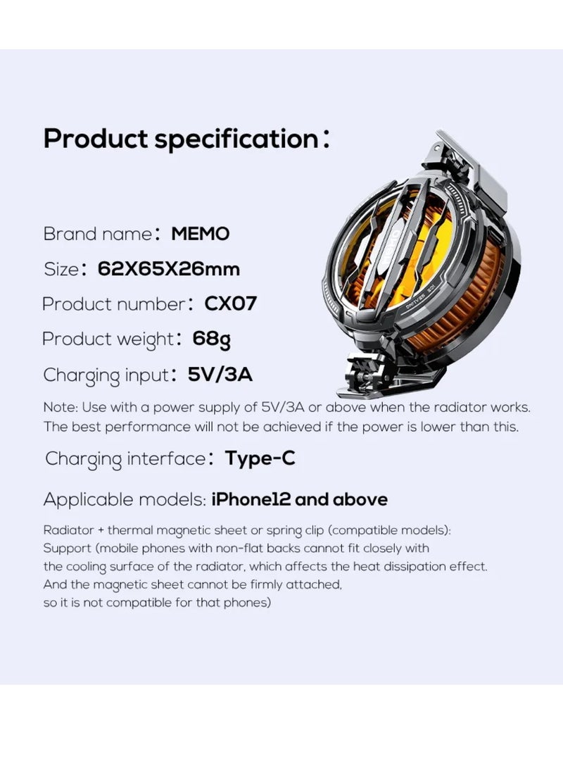 MEMO CX07 Mobile Phone Cooling Fan Game Phone Cooler Back-Clip Mobile Phone Radiator Radiator RGB lIGHTS Lights Adjustable Portable Heatsink Semiconductor Mobile Phone Refrigerator Cooler Radiator - Image 4