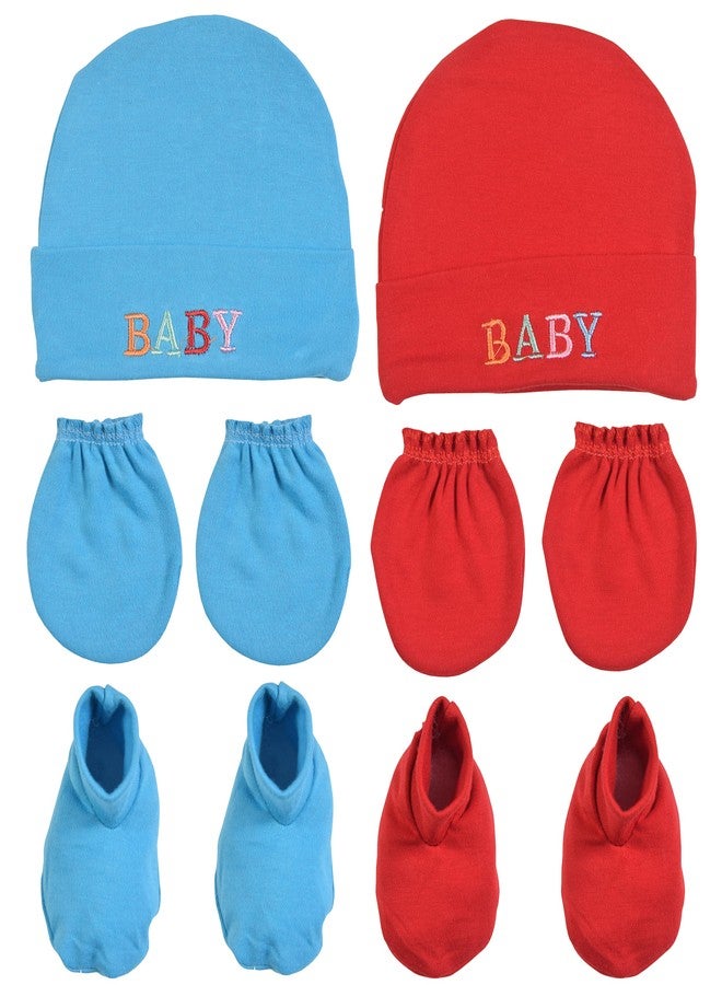 Toddylon New Born Baby Cotton Mitten Sets with Cap and Booties | Unisex Baby Boys & Girls Socks, Gloves & Caps Infant Accessories Combo Set (Assorted) (Red&Blue) - Image 1