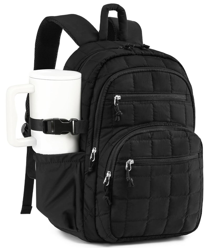 CLOKARS Quilted Laptop Backpack for Women, College Bookbag with Tumbler Holder Pocket for Nurse Teacher Work Travel, Puffer School Backpack for Teen Girls Big Student, Black - Image 1