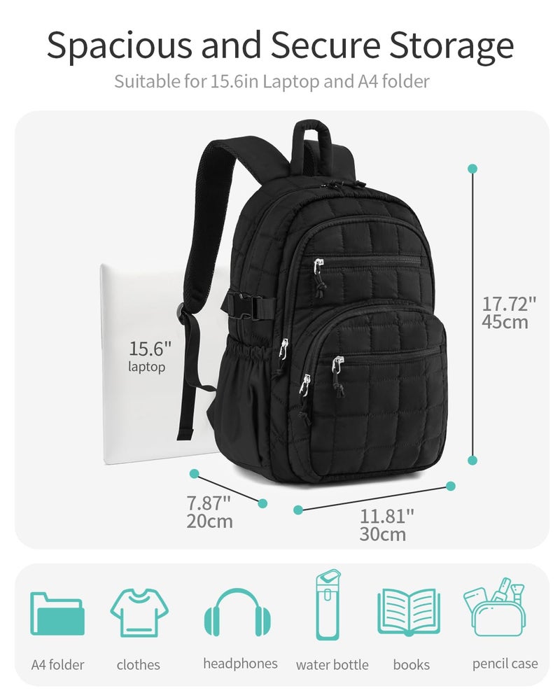 CLOKARS Quilted Laptop Backpack for Women, College Bookbag with Tumbler Holder Pocket for Nurse Teacher Work Travel, Puffer School Backpack for Teen Girls Big Student, Black - Image 3