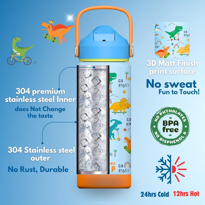 Oceanic Boys Stainless Steel Water Bottle 550ml 18oz Double-Wall Vacuum Insulated 304 Stainless steel Water Bottle BPA FREE Leak Proof (Playful Dinos, 550ml) - Image 3