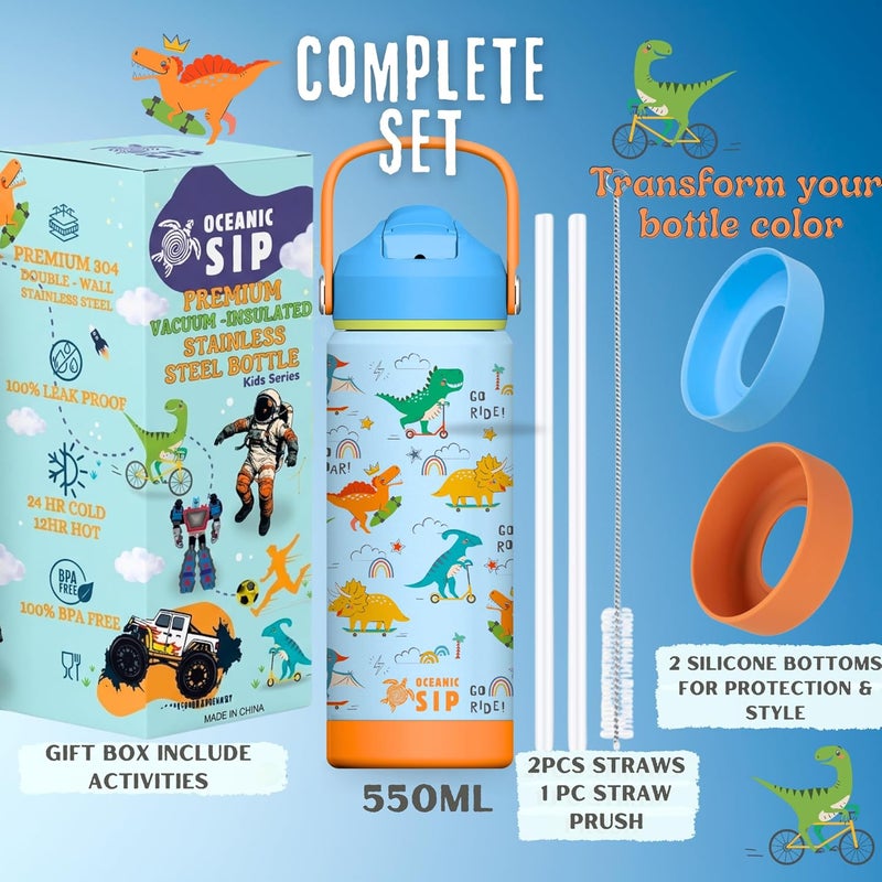 Oceanic Boys Stainless Steel Water Bottle 550ml 18oz Double-Wall Vacuum Insulated 304 Stainless steel Water Bottle BPA FREE Leak Proof (Playful Dinos, 550ml) - Image 2
