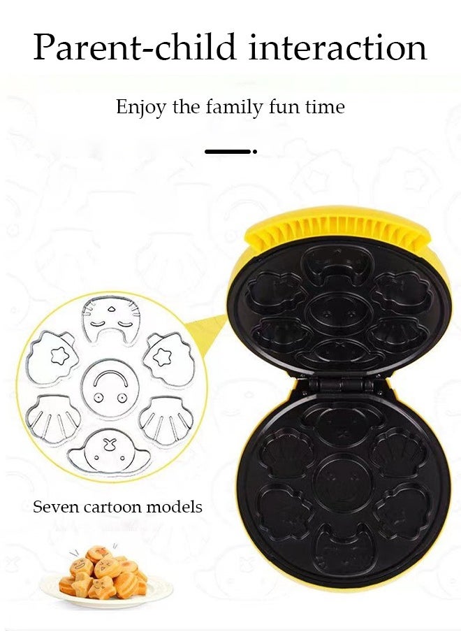 DUNISO Cake maker, electric mini waffle maker, making 7 different cartoon shaped waffles and cakes, double sided heating non stick board, 1000W, suitable for baking, breakfast, kitchen, yellow  - Image 5
