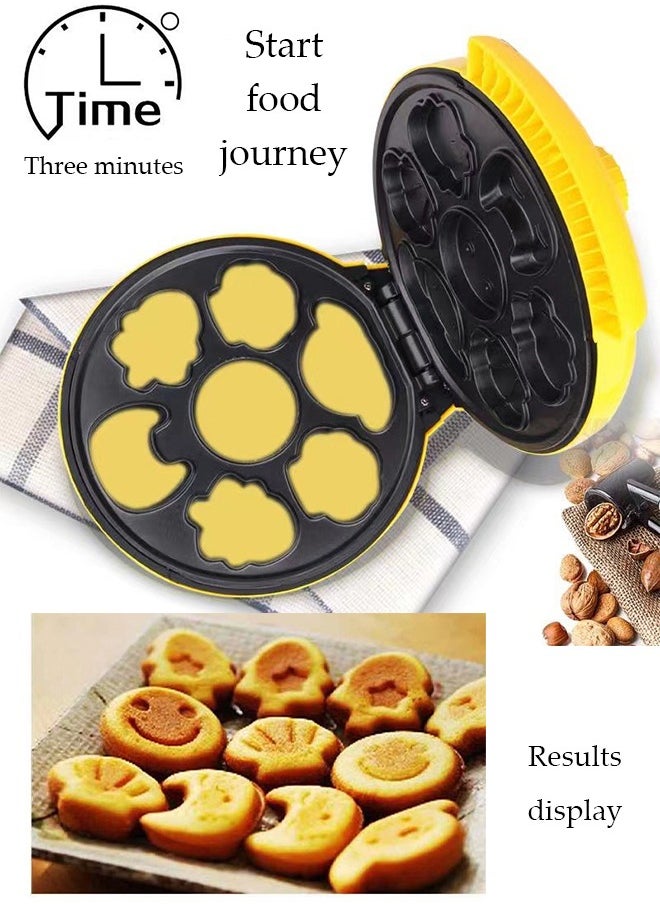 DUNISO Cake maker, electric mini waffle maker, making 7 different cartoon shaped waffles and cakes, double sided heating non stick board, 1000W, suitable for baking, breakfast, kitchen, yellow  - Image 3